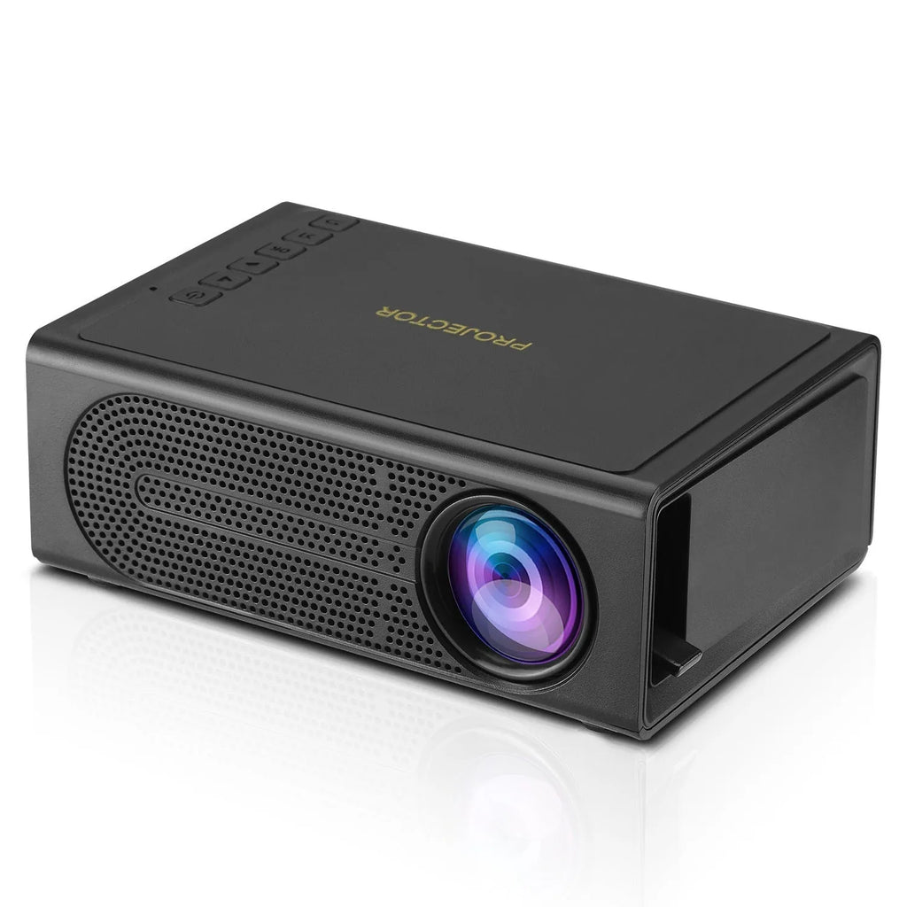 Black and white portable mini projector for wired mobile phone connection.