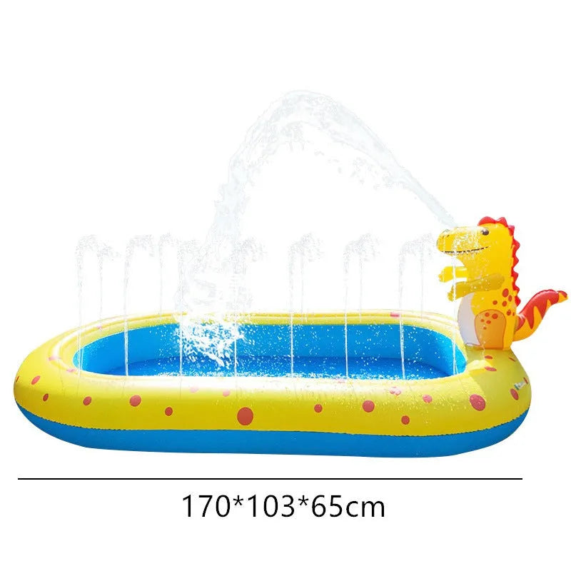 Blue dinosaur water spray pool measuring 170cm long with inflatable shark design for garden play