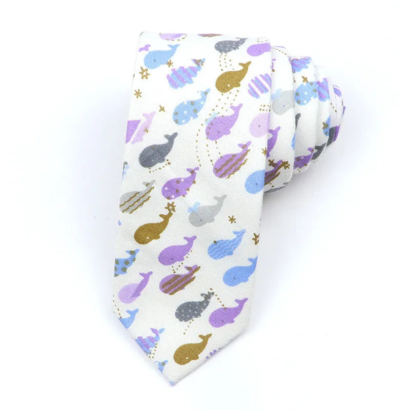 Korean style narrow men's cotton bow tie with a cartoon print pattern on an adjustable neck band.