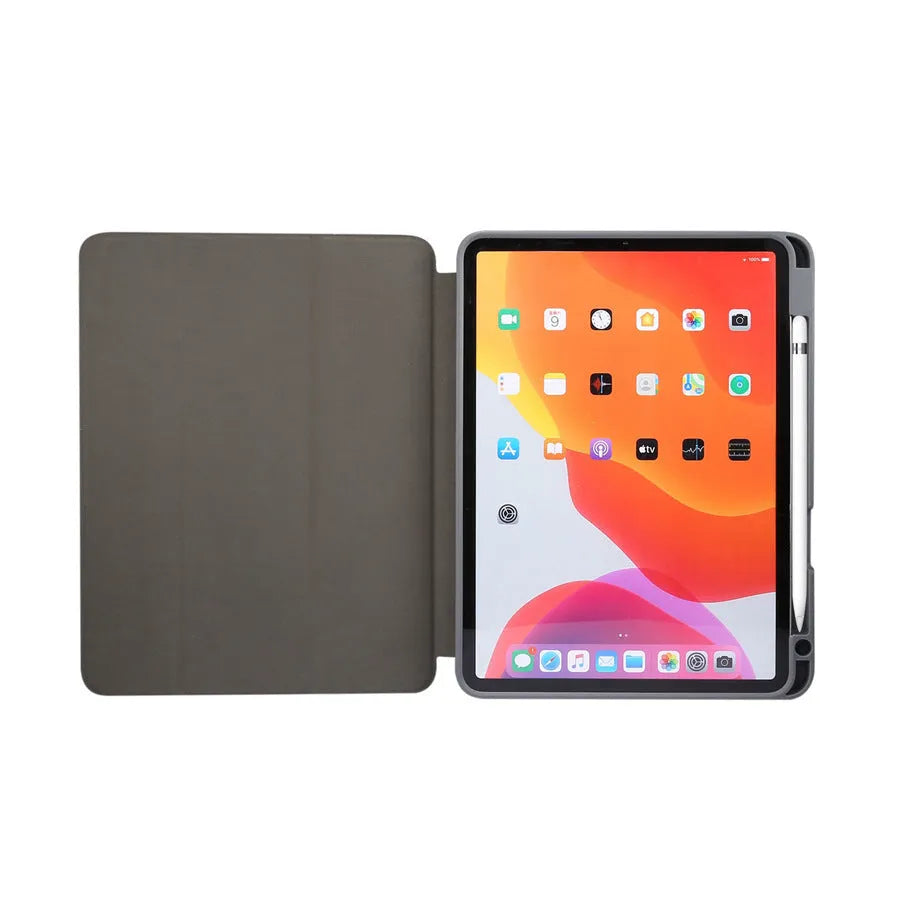 Dark grey tri-fold marbling imitation leather iPad case with a visible slot for an Apple Pencil.