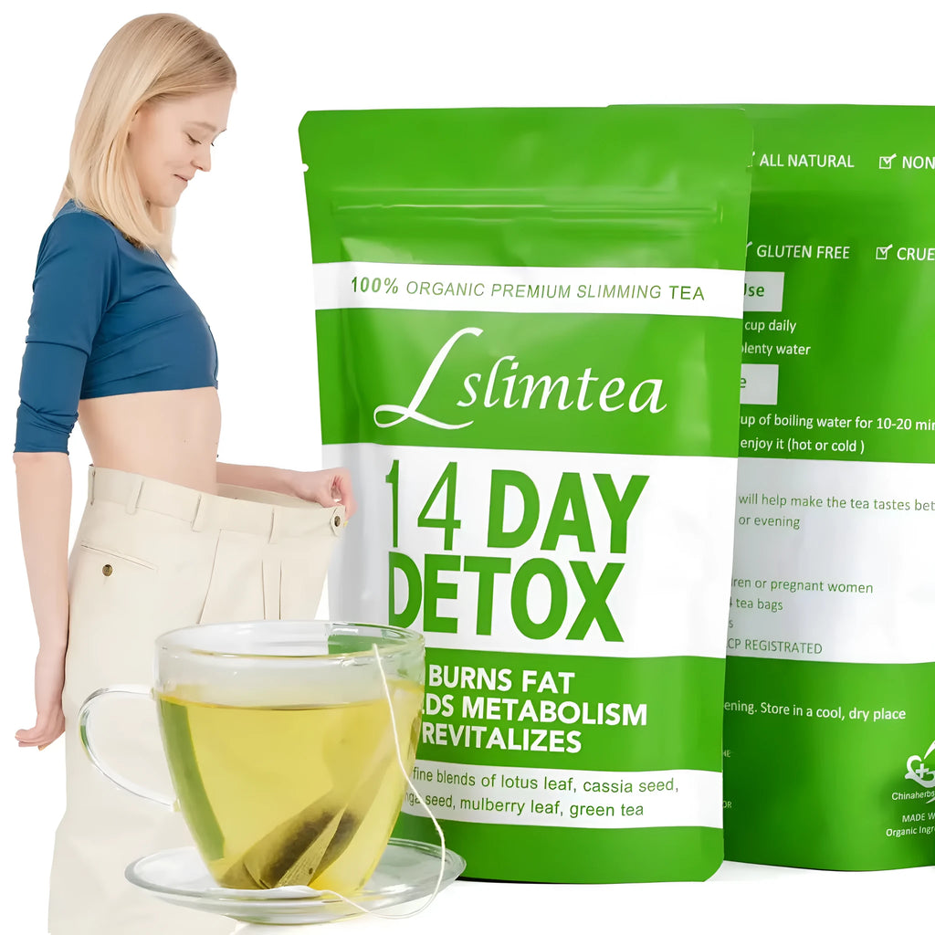 Box of 14-day herbal detox tea showing individual 3g sachets with total 42g net weight