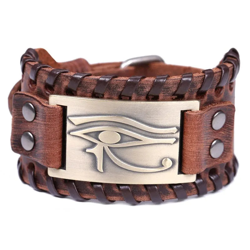 Leather bracelet with round alloy accents in ancient bronze finish on a neutral background