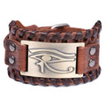 Leather bracelet with round alloy accents in ancient bronze finish on a neutral background