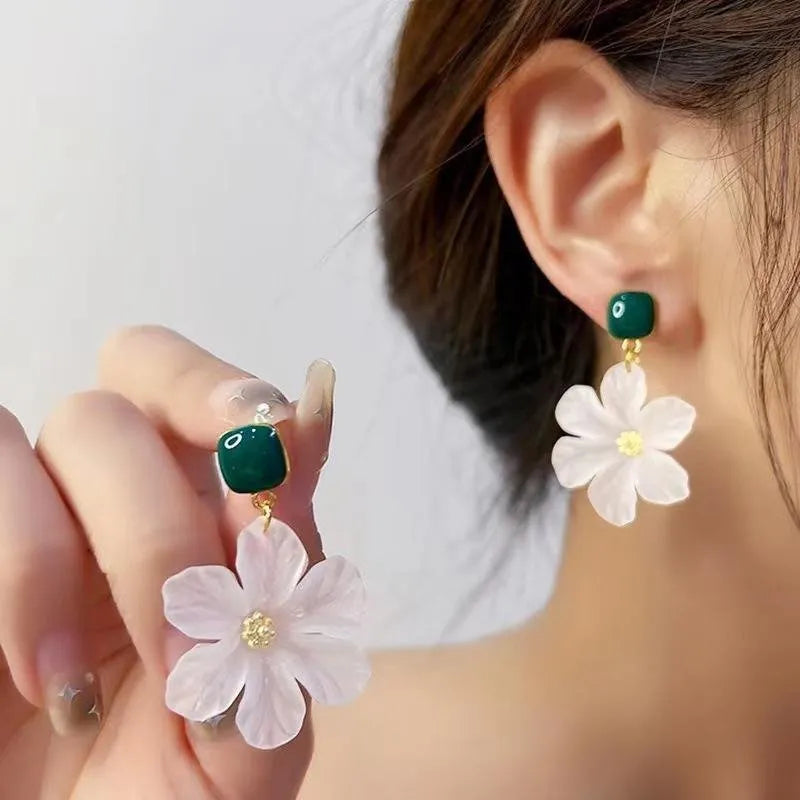 Dark green alloy floral earrings with sterling silver needle flower details for women