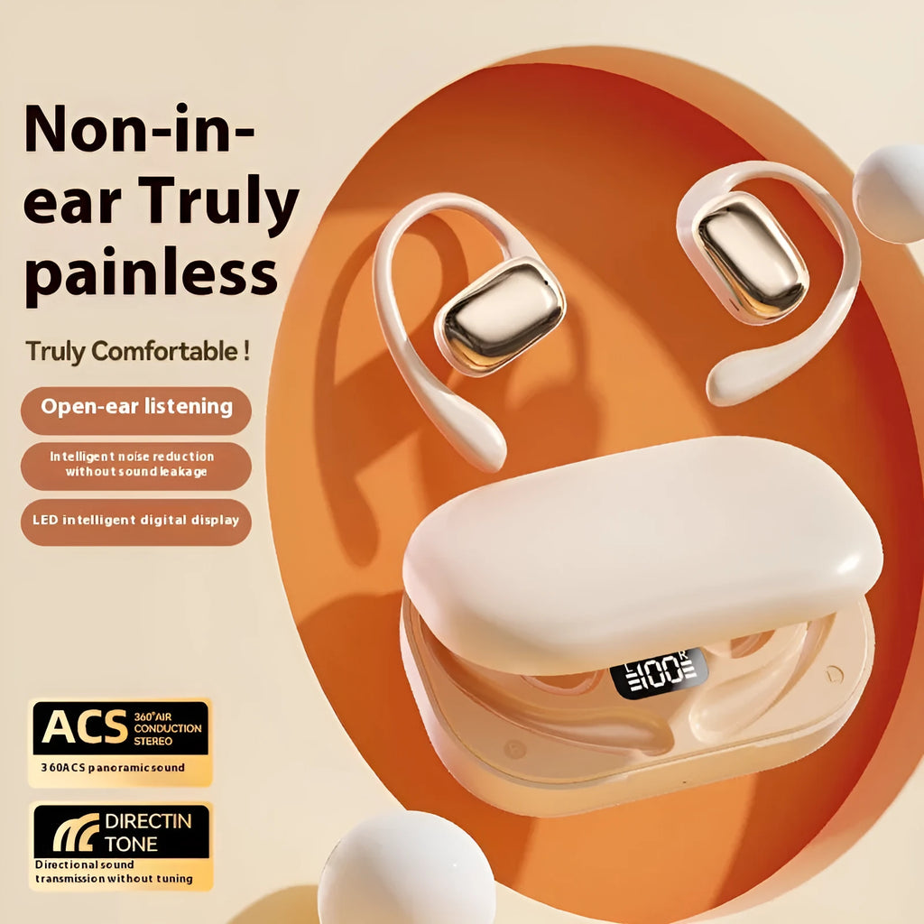 Ear-mounted wireless headphones with digital display screen in skin colour option