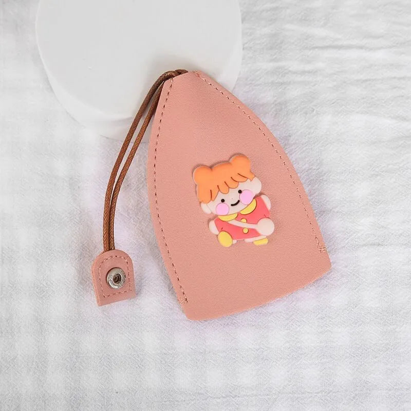 Cartoon pull-out key case in PU leather showing design options including resin fruit and big cartoon animal prints.
