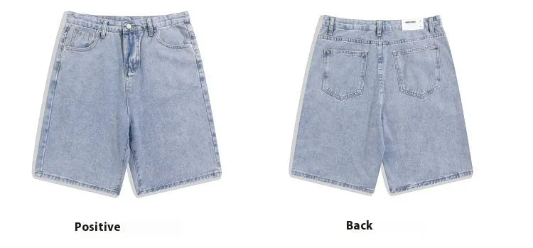 Men's light blue denim casual shorts with five pockets and straight leg on a white background.