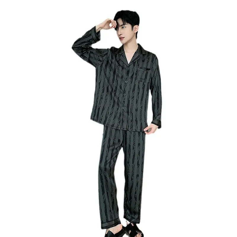 Men's black stripes ice silk pajama set with V-neck top and trousers