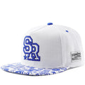 Cotton baseball cap with letter embroidery in black or white colours, showing adjustable strap and dome crown