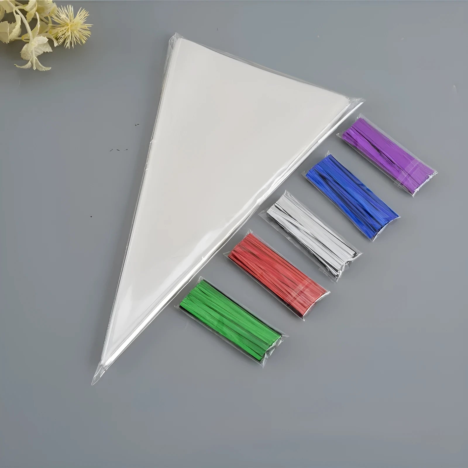 Clear triangle-shaped plastic packaging bag with a built-in white tie wire, shown sealed.