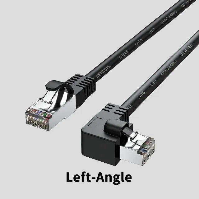 Right-angle Cat6 Ethernet cable with metal RJ45 connectors in various colours and lengths