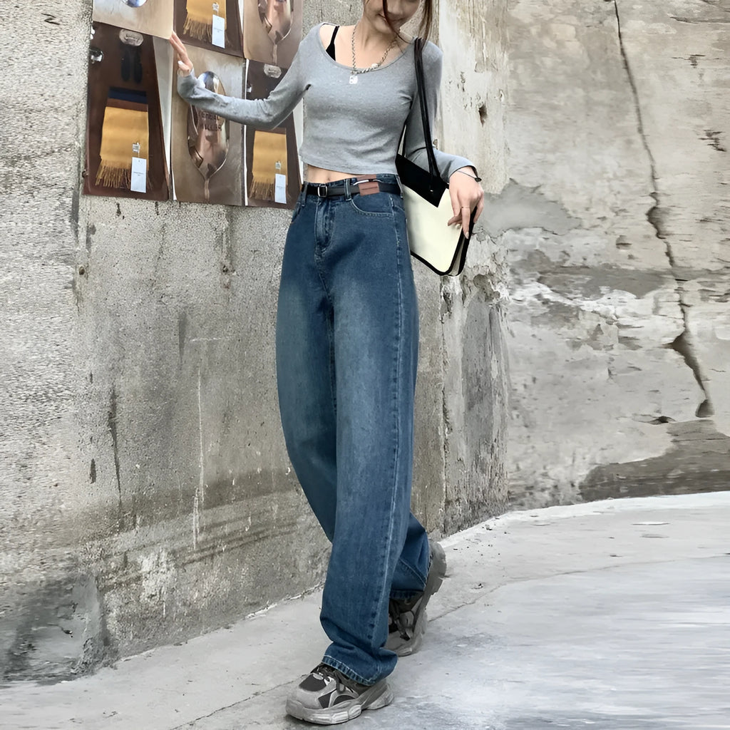 Women's straight-leg jeans in retro blue with high waist design and classic denim construction