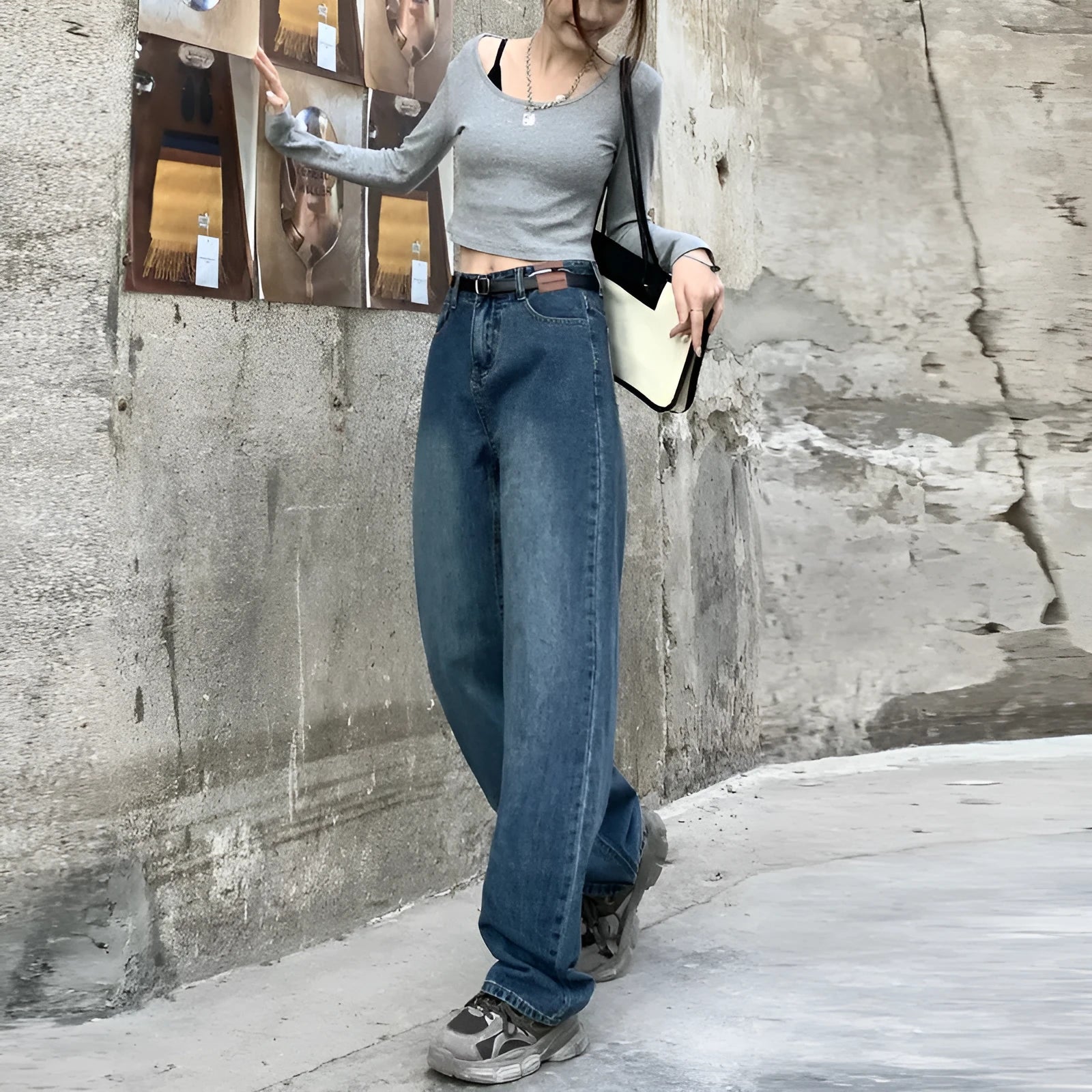 Women's straight-leg jeans in retro blue with high waist design and classic denim construction
