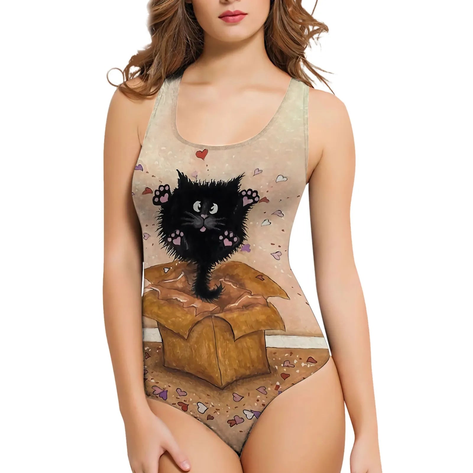 Women's sleeveless one-piece swimsuit with 3D printed pattern in polyester fabric