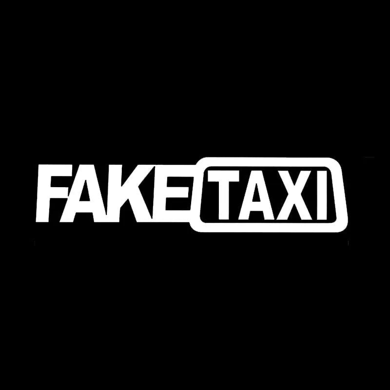 FAKE TAXI car warning sticker in yellow, 20 cm by 8 cm, made of waterproof PET material.