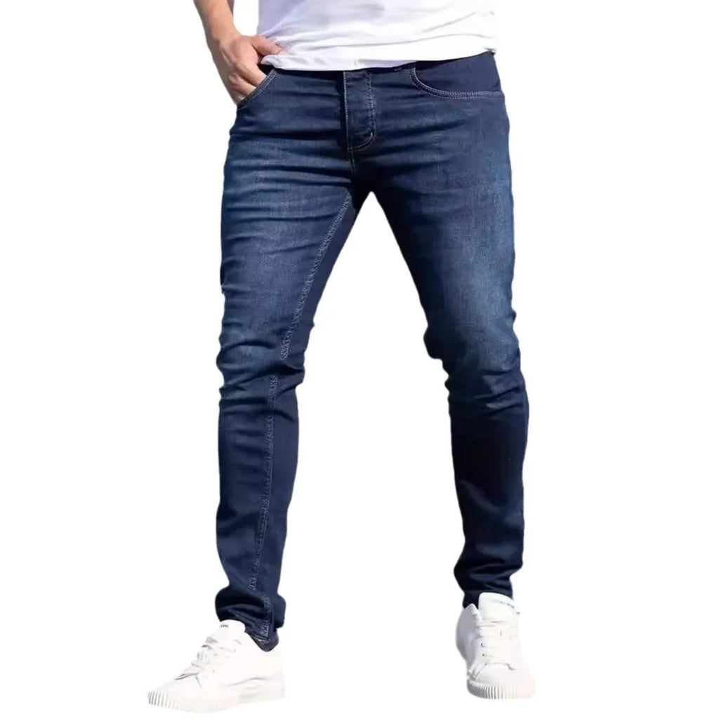 Men's dark blue slim fit jeans with elastic cotton fabric and zipper fly