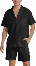 Men's flax linen short-sleeved top and matching shorts set in army green on a hanger.