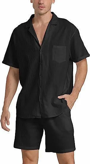 Men's flax linen short-sleeved top and matching shorts set in army green on a hanger.