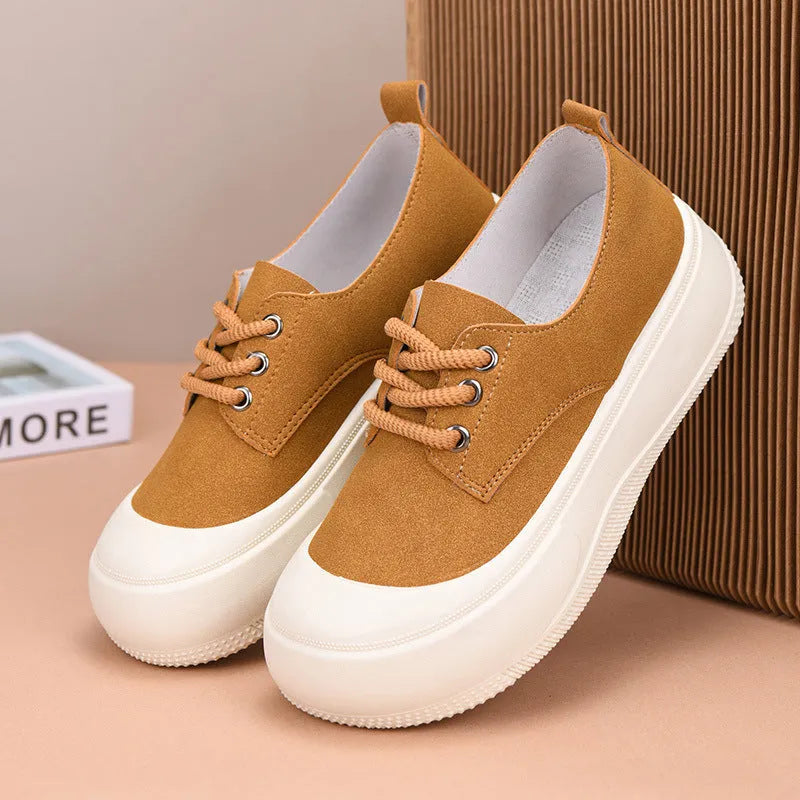 Women's suede leather platform loafers with 4cm height increase and round toe design in camel colour