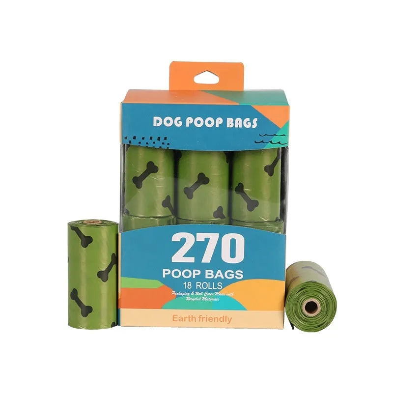 Military green degradable dog poop bags with black bone print, measuring 23 by 33 centimetres