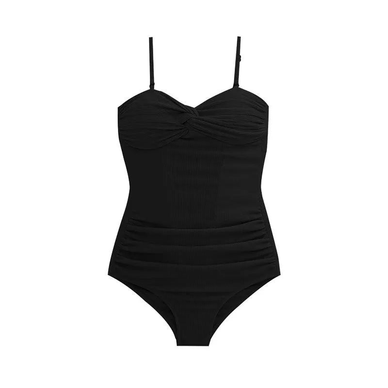 Women's black one-piece suspender swimsuit with high waist and adjustable straps