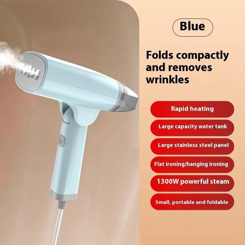 Blue and white handheld garment steamer with 1300W power and two temperature settings