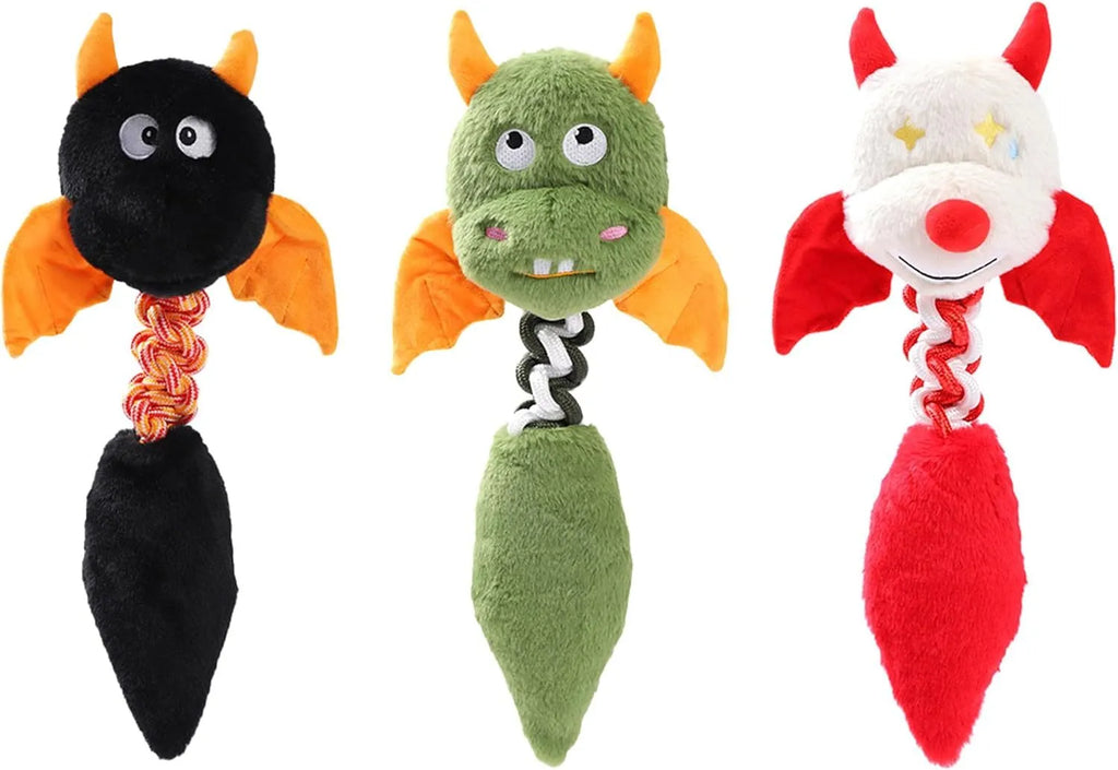 Large black, green, or red plush dog toy with a cartoon shape, featuring a built-in rope knot.