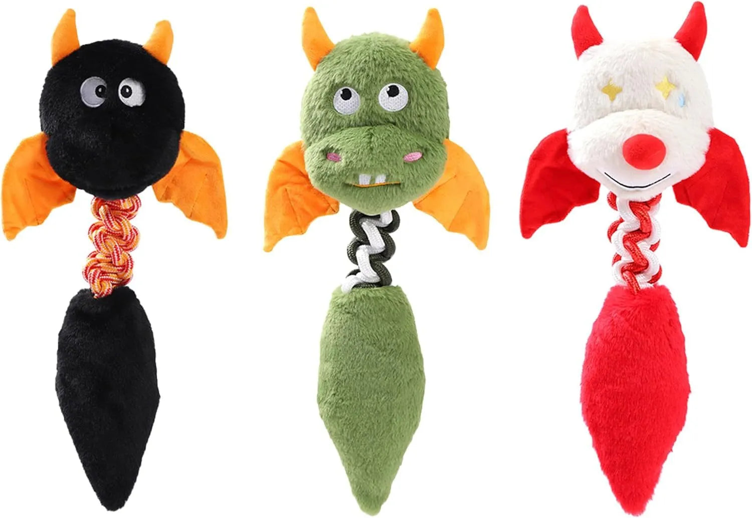 Large black, green, or red plush dog toy with a cartoon shape, featuring a built-in rope knot.