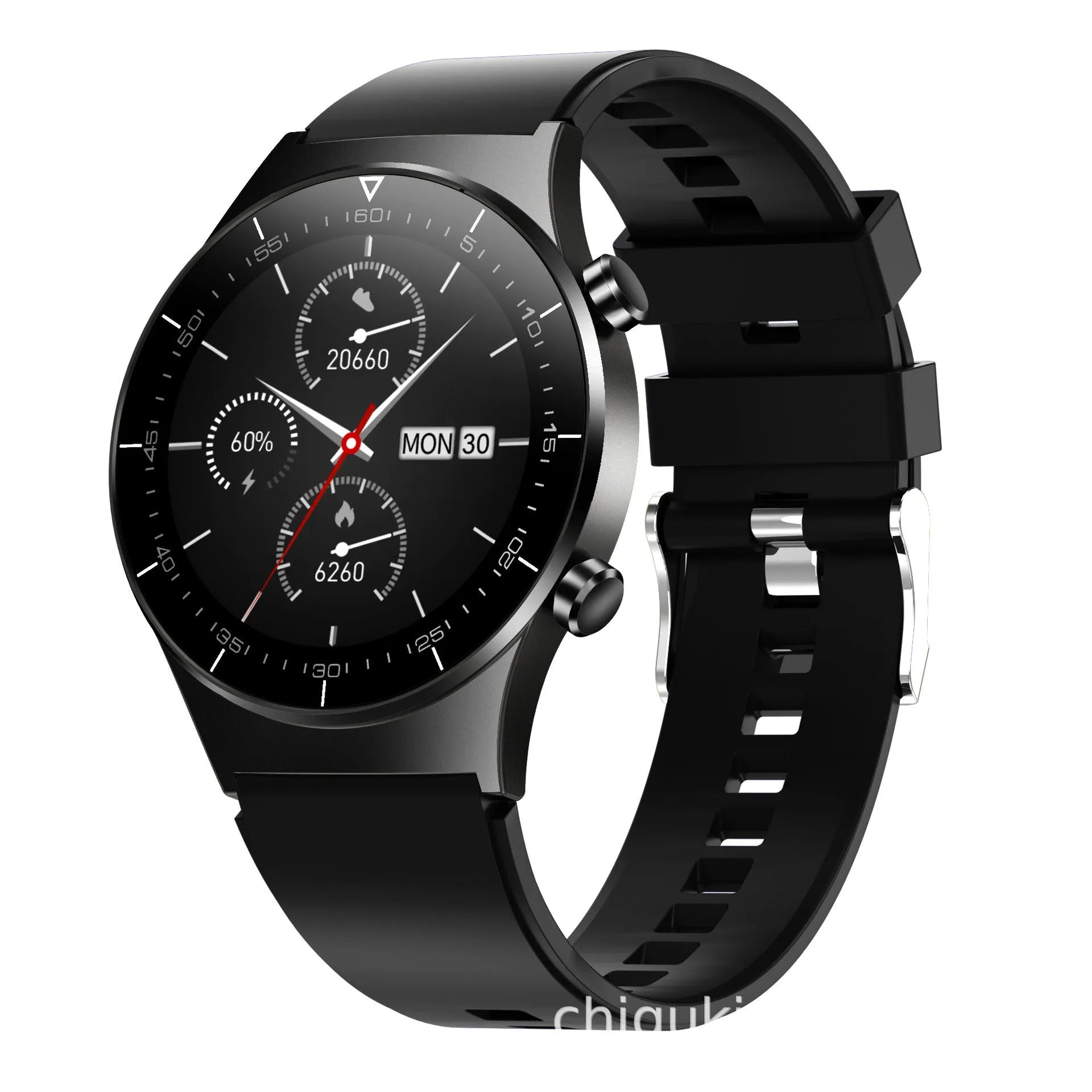 Black smart watch with 1.28-inch touch screen displaying heart rate and fitness data on wrist