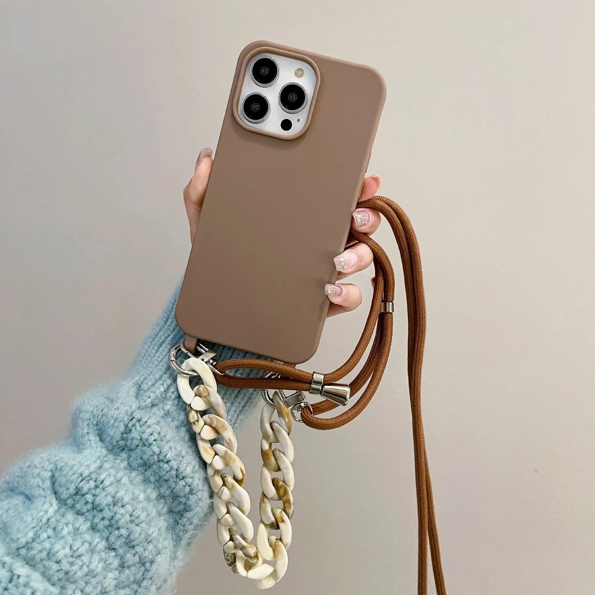 Candy colour chain lanyard soft TPU phone case with frosted finish for iPhone 15 and 16 series