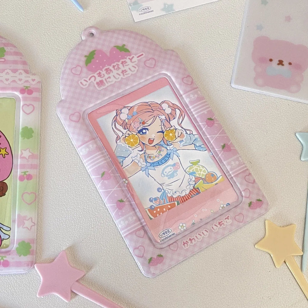 Plaid strawberry or four-leaf clover PVC card holder measuring 7.6 by 13.6 centimetres