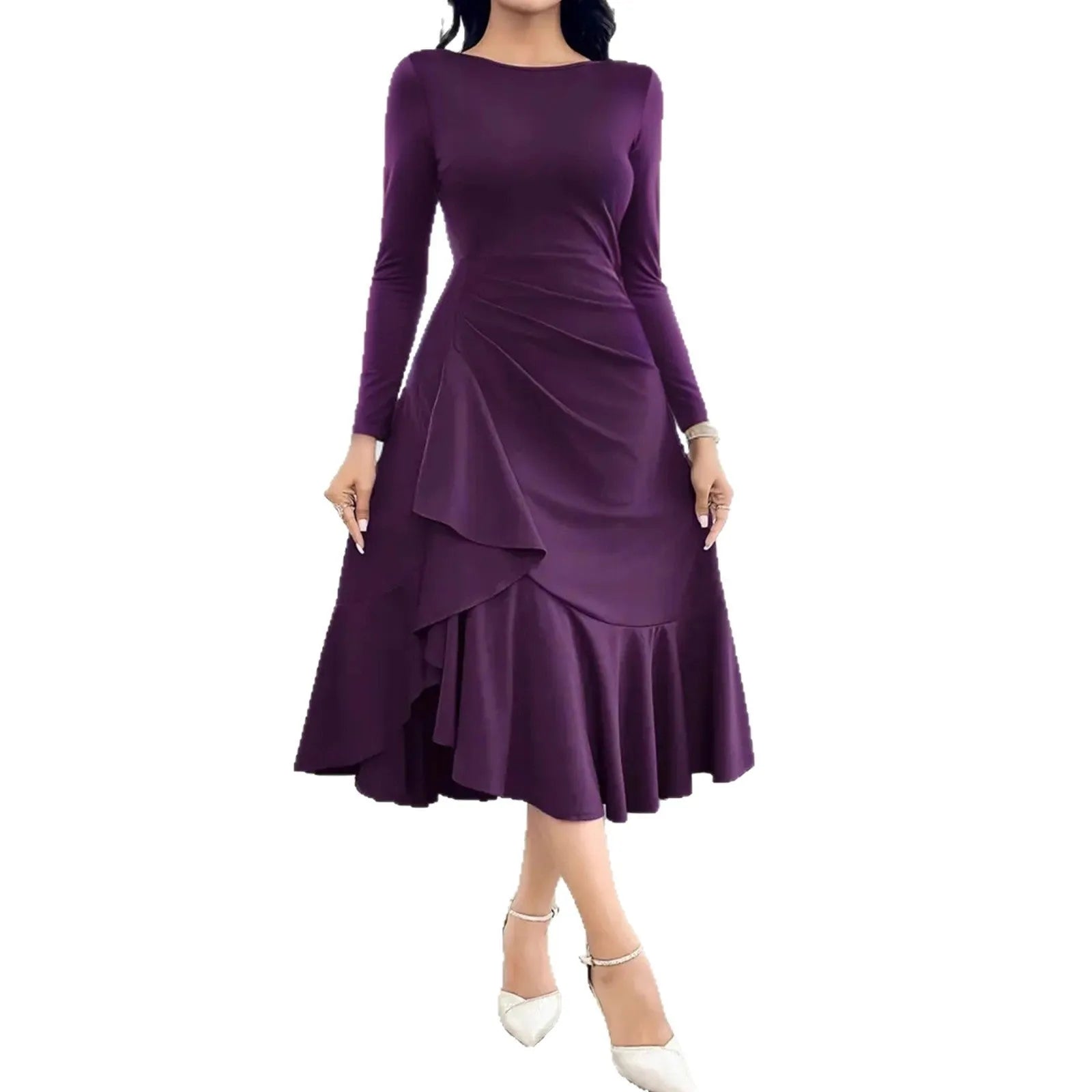 Purple women's long sleeve dress with ruffle detail and a mid waist fit.
