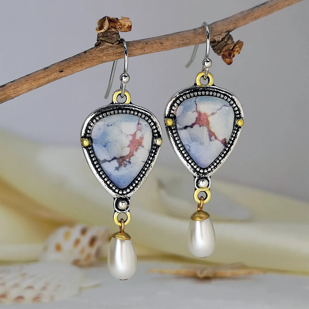 Retro blue geometric drop earrings with synthetic opal and pearl on electroplated metal