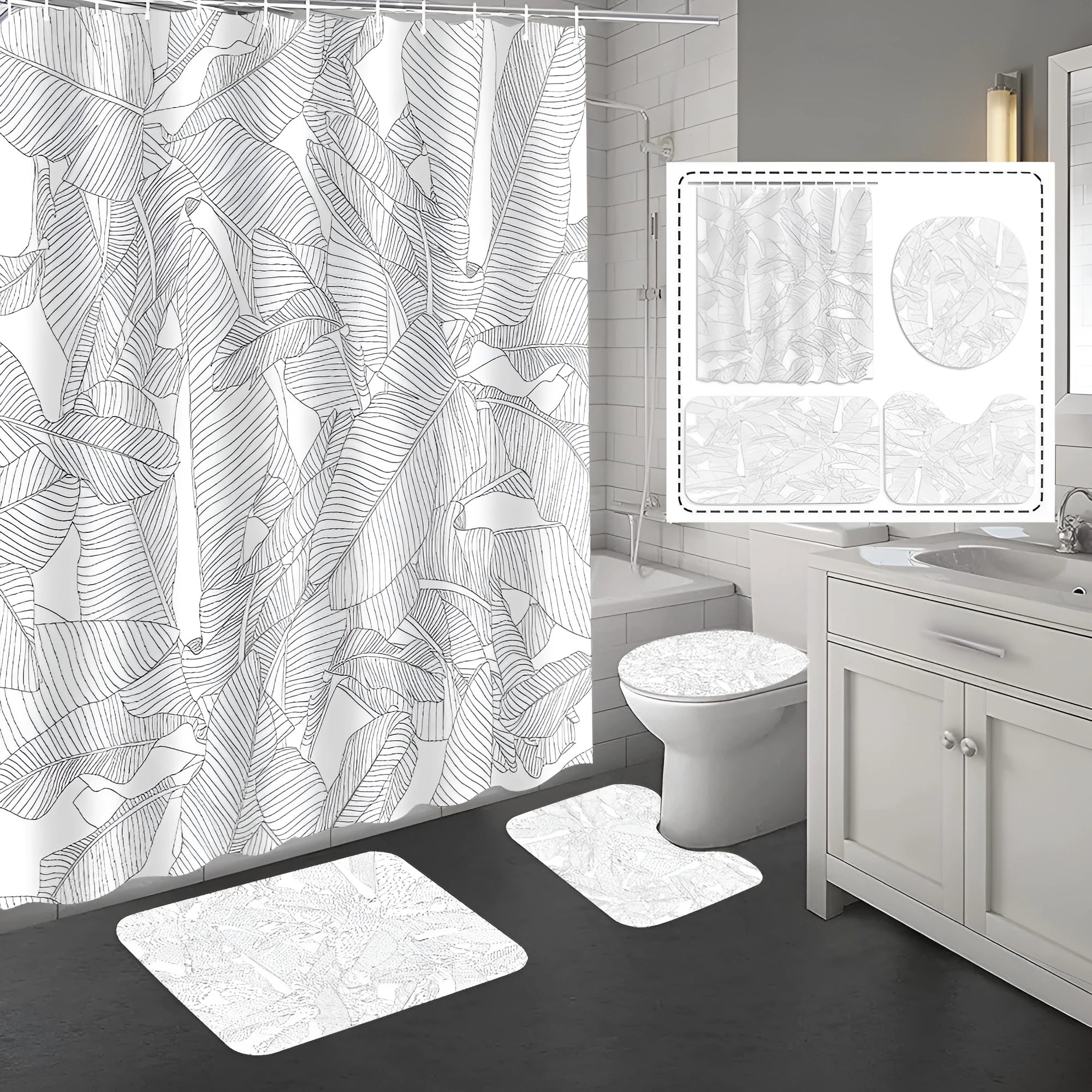 Bomi printed polyester shower curtain and anti-slip floor mat set in modern simplicity style, multiple size options
