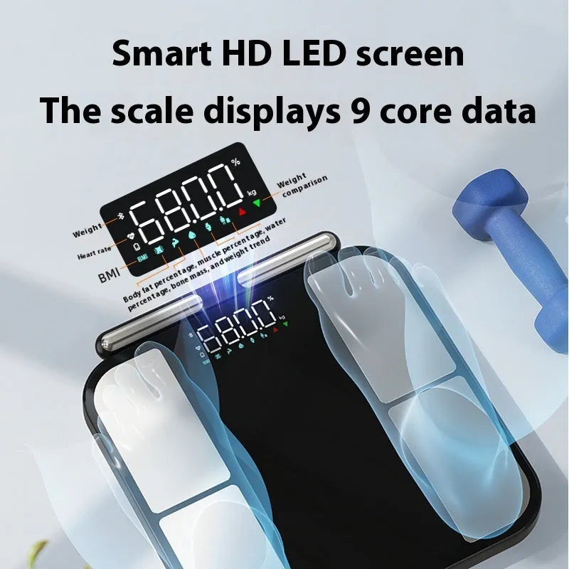 Black electronic bathroom scale with tempered glass platform showing body fat measurement on colour screen