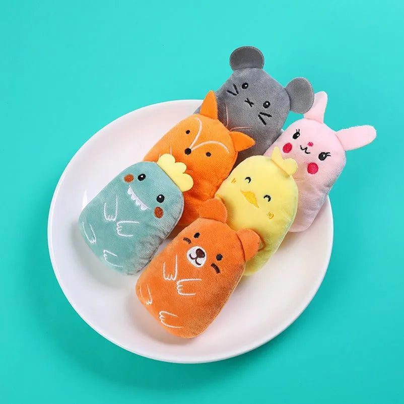 Brown plush cat toy with claw designs for chewing and teeth grinding, filled with catnip.