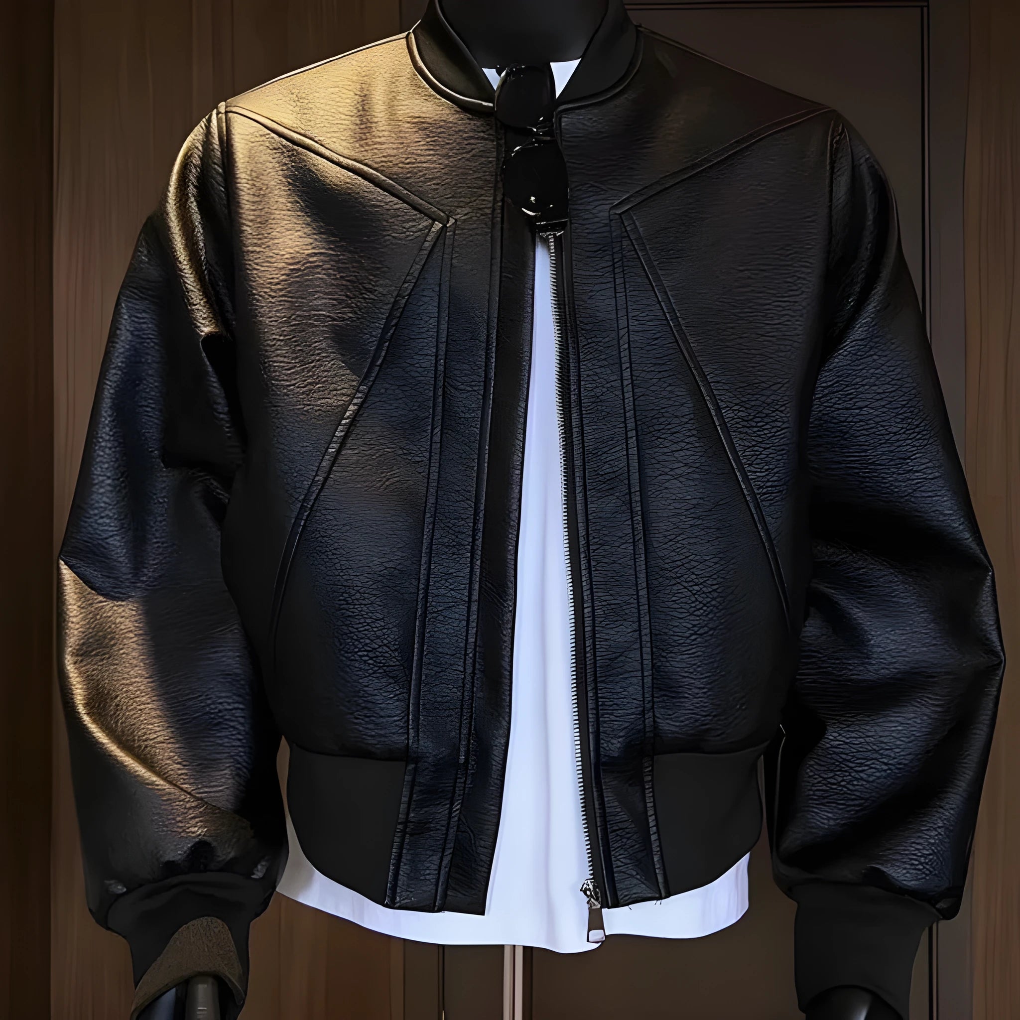 Men's black PU leather litchi grain jacket with extended length and tight-fit business casual style