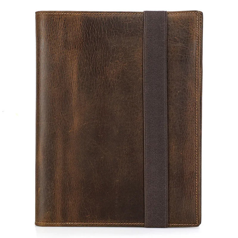 Brown Crazy Horse leather A5 notebook protective sleeve with square design and socket closure