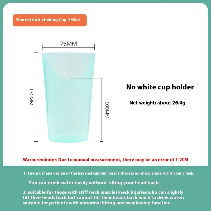 Oblique mouth choke-proof plastic drinking cup with handle and optional wrist splint for elderly adults.