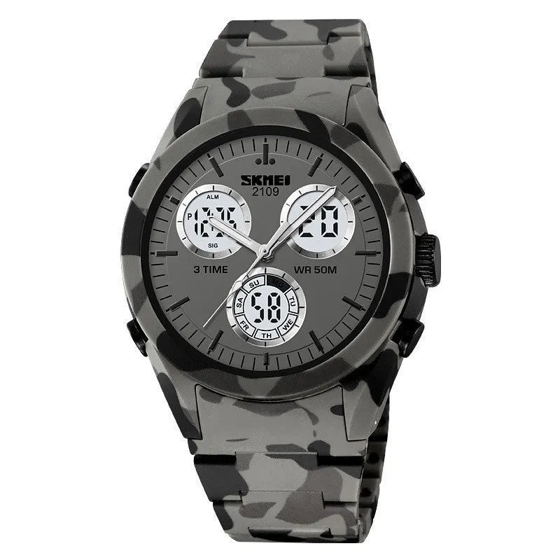 Electronic casual watch with a resin mirror and TPU strap, shown in Army Green camouflage colour.
