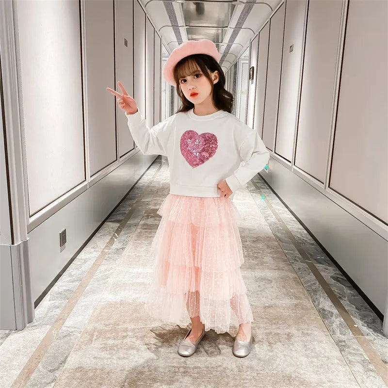 Girl's Sequin Love pullover two-piece cotton skirt set in white and red, suitable for height 110cm to 160cm