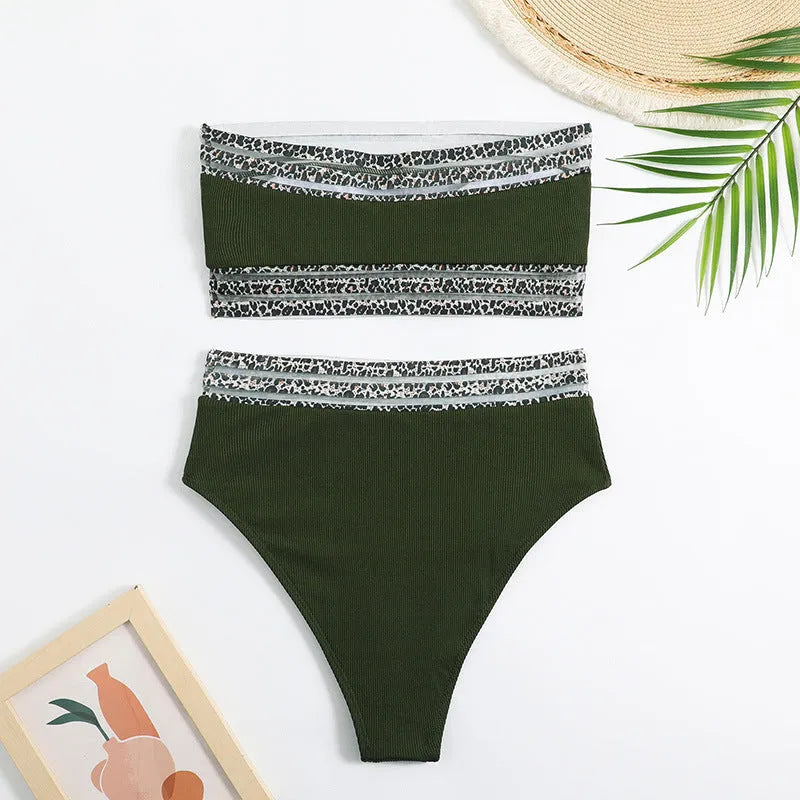 Black strapless swimsuit set with leopard print splicing detail on briefs