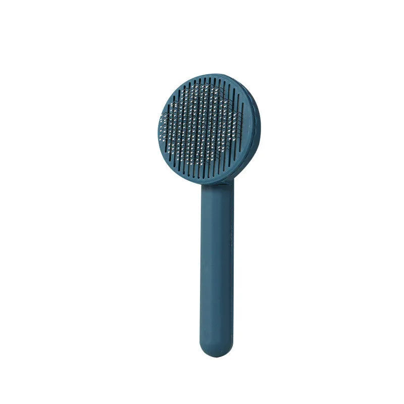 Button self-cleaning pet comb with stainless steel needles and ABS handle in blue colour