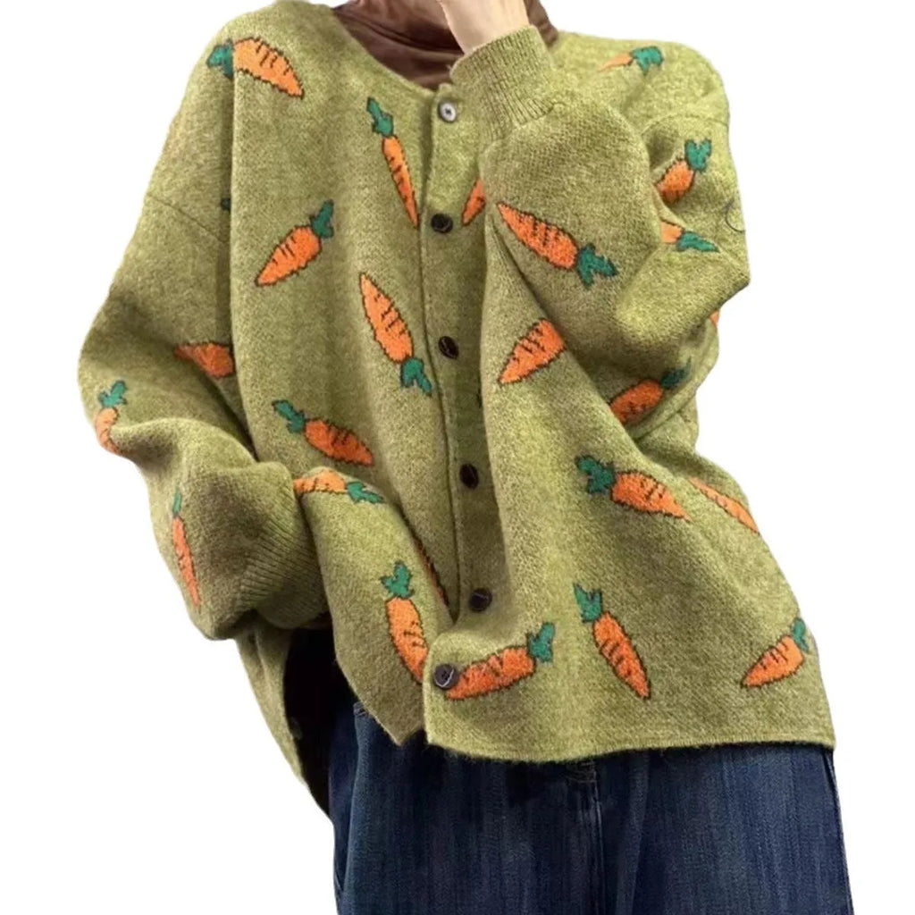 Round neck loose cardigan with Mori artistic printing in colour contrast design