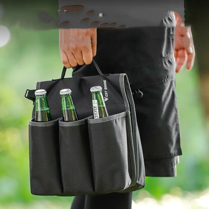 Black and orange double-sided bicycle drink holder bag made from 600D PVC fabric mounted on a bike frame.