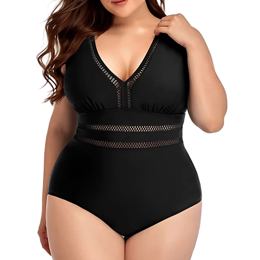 Black print plus size women's bikini swimsuit made from polyester mesh fabric, showing sleeveless design.