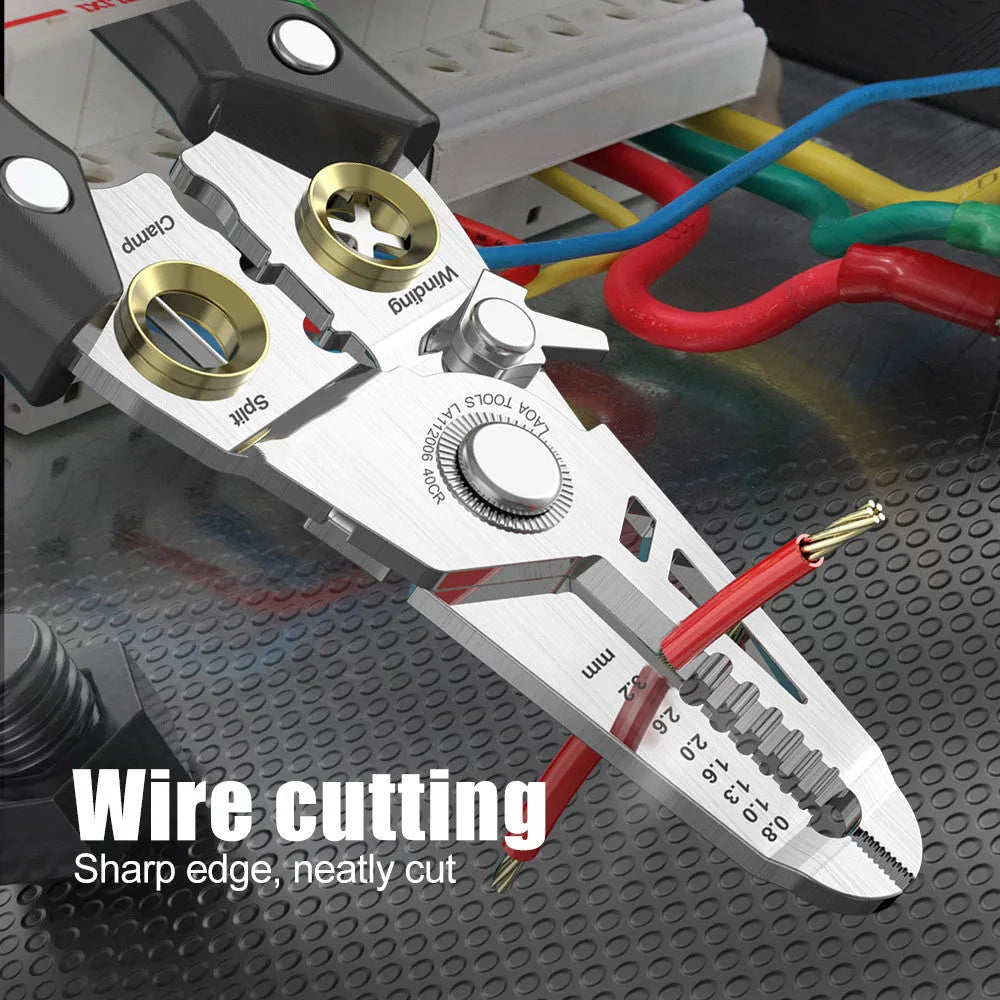Stainless steel 7-in-1 wire stripper and crimping pliers with two-colour handle