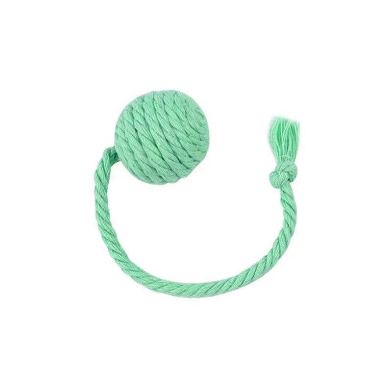 Colourful cat toy ball with rope handle and internal bell in 6cm or 3cm sizes