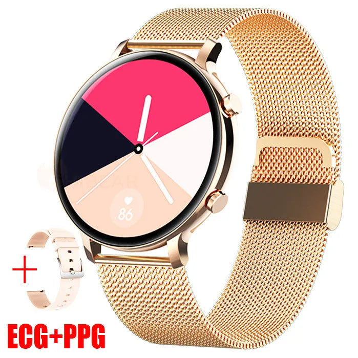 Bluetooth smartwatch with stainless steel strap showing call function and health metrics on screen.