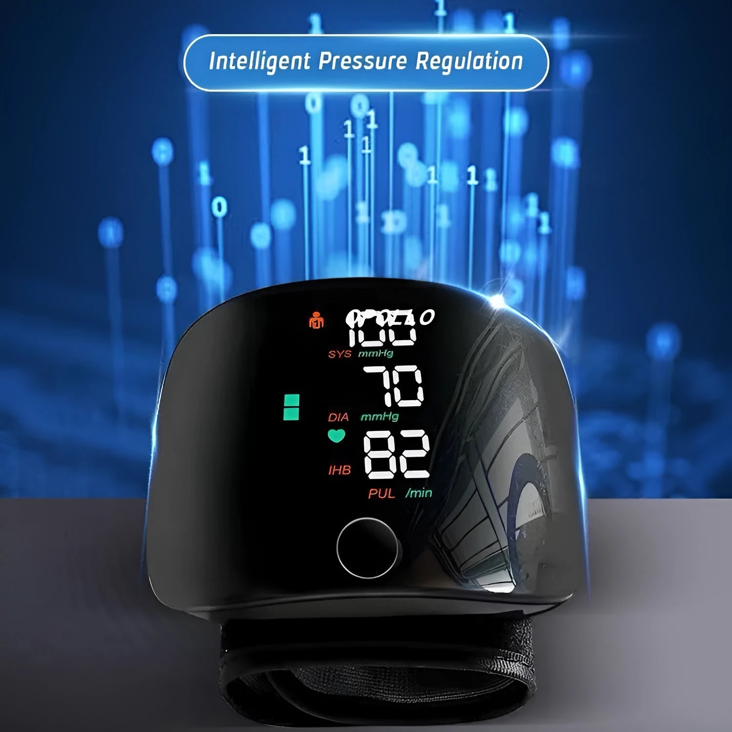 Black wrist rechargeable blood pressure monitor with USB port and digital display.